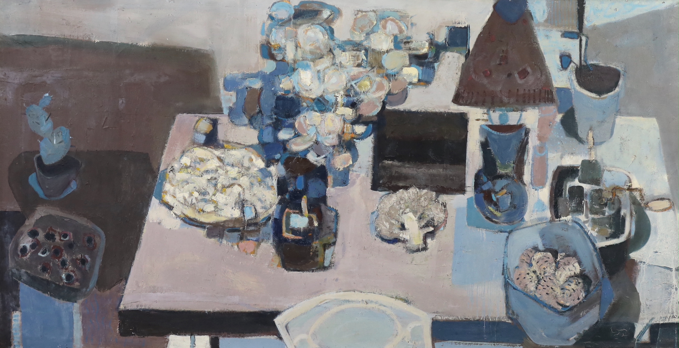 Anthony Whishaw RA (English, 1930-), 'Blue still life', oil on board, 122 x 239cm